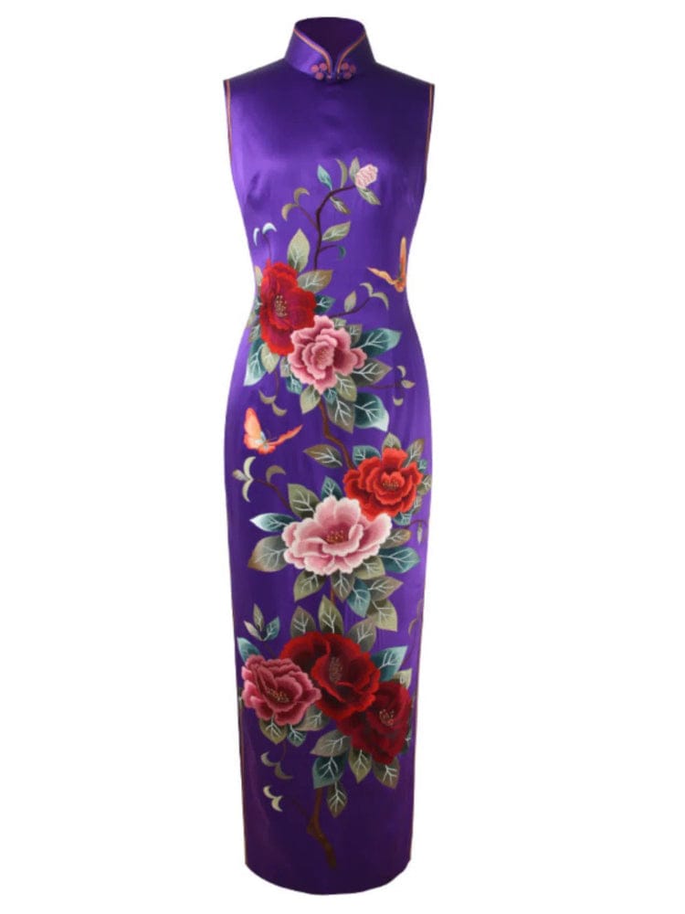 Beth and Brian Qipao-PS Customizble hand-embroidery, 30 mome mulberry silk, high-end purple long Qipao