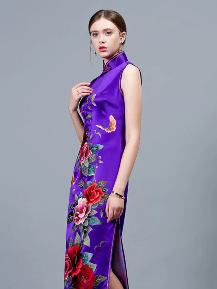 Beth and Brian Qipao-PS Customizble hand-embroidery, 30 mome mulberry silk, high-end purple long Qipao