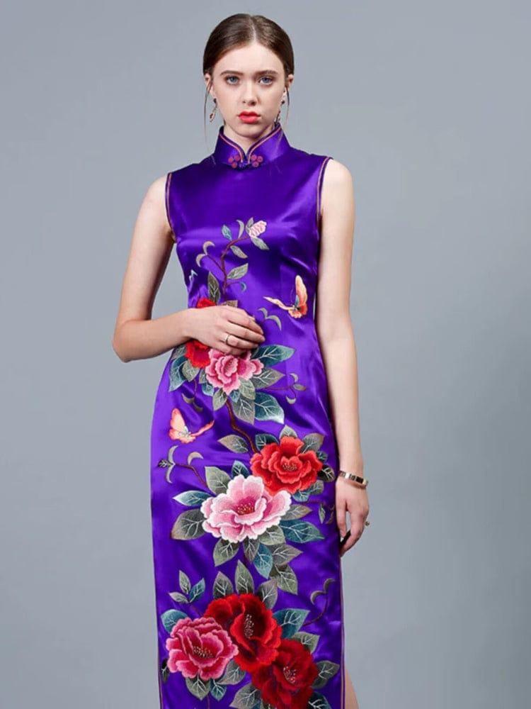 Beth and Brian Qipao-PS Customizble hand-embroidery, 30 mome mulberry silk, high-end purple long Qipao