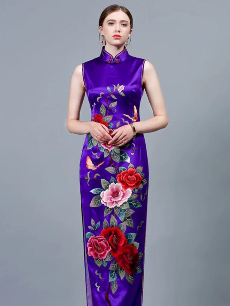 Beth and Brian Qipao-PS Customizble hand-embroidery, 30 mome mulberry silk, high-end purple long Qipao