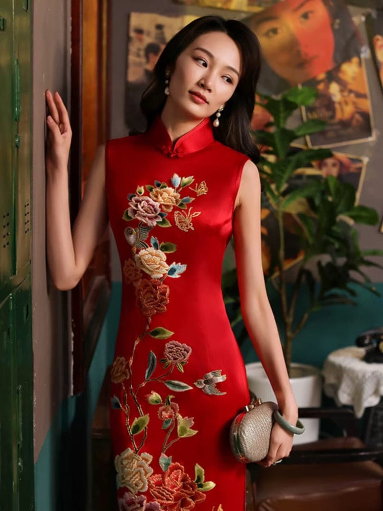 Beth and Brian Qipao-PS Customizble Floral Embroidery, 30 mome mulberry silk, high-end long Cheongsam
