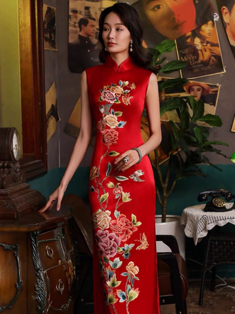 Beth and Brian Qipao-PS Customizble Floral Embroidery, 30 mome mulberry silk, high-end long Cheongsam
