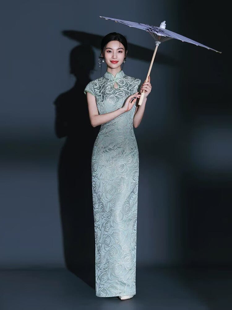 Beth and Brian Qipao-KY Water-drop collar, floral pattern, green long plus size Cheongsam