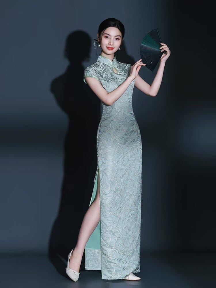 Beth and Brian Qipao-KY Water-drop collar, floral pattern, green long plus size Cheongsam