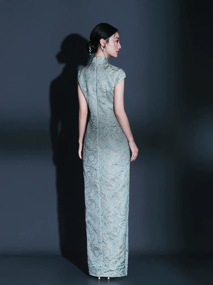 Beth and Brian Qipao-KY Water-drop collar, floral pattern, green long plus size Cheongsam