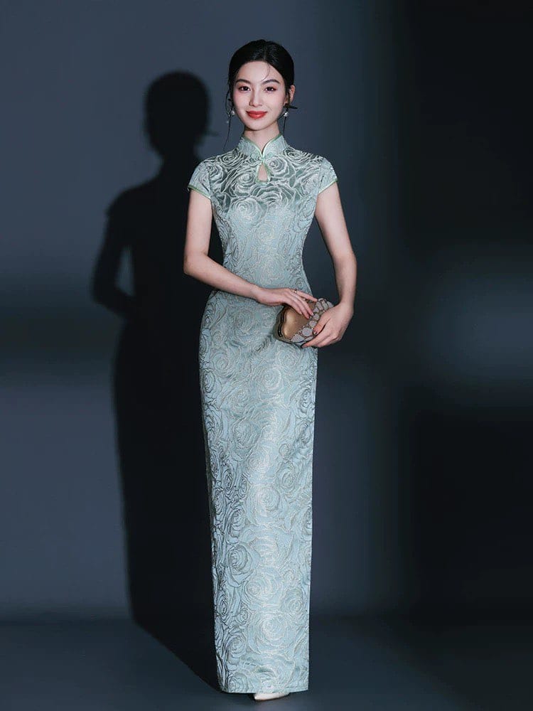 Beth and Brian Qipao-KY Water-drop collar, floral pattern, green long plus size Cheongsam