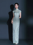 Beth and Brian Qipao-KY Water-drop collar, floral pattern, green long plus size Cheongsam