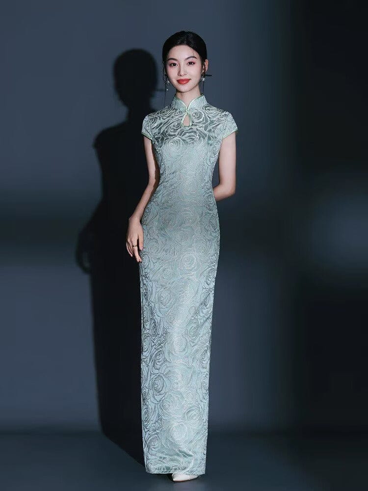 Beth and Brian Qipao-KY Water-drop collar, floral pattern, green long plus size Cheongsam