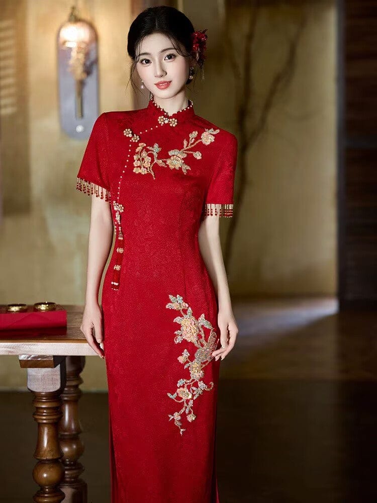 Beth and Brian Qipao-JX Floral pattern, knitting and jacquard fabric, wedding red midi Cheongsam