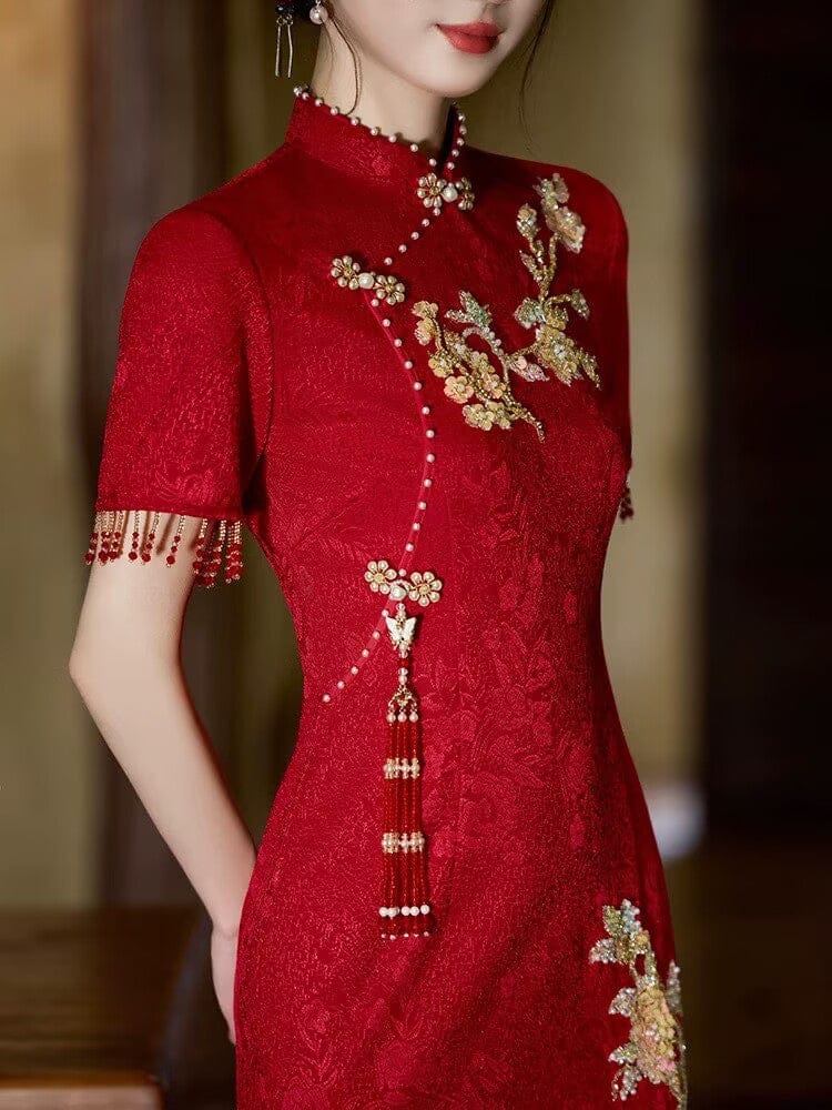 Beth and Brian Qipao-JX Floral pattern, knitting and jacquard fabric, wedding red midi Cheongsam