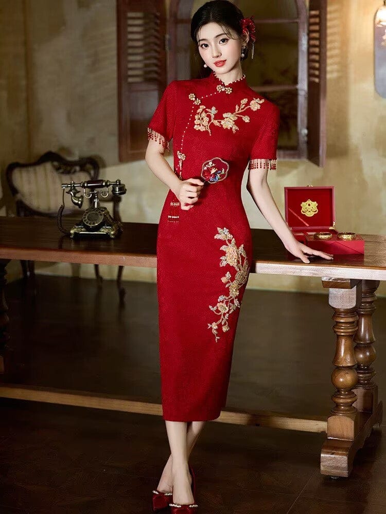 Beth and Brian Qipao-JX Floral pattern, knitting and jacquard fabric, wedding red midi Cheongsam