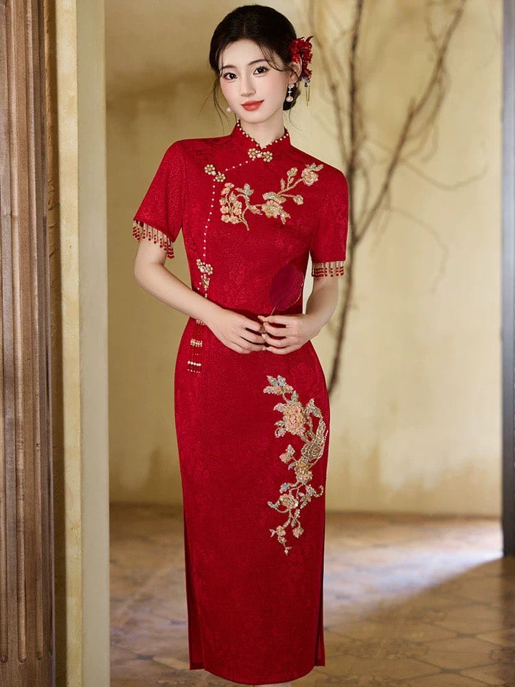 Beth and Brian Qipao-JX Floral pattern, knitting and jacquard fabric, wedding red midi Cheongsam