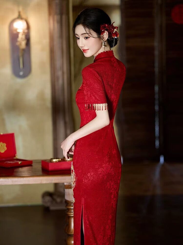 Beth and Brian Qipao-JX Floral pattern, knitting and jacquard fabric, wedding red midi Cheongsam