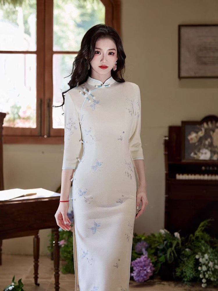 Beth and Brian Qipao-TMX Three quarter sleeves, butterfly daily midi Cheongsam