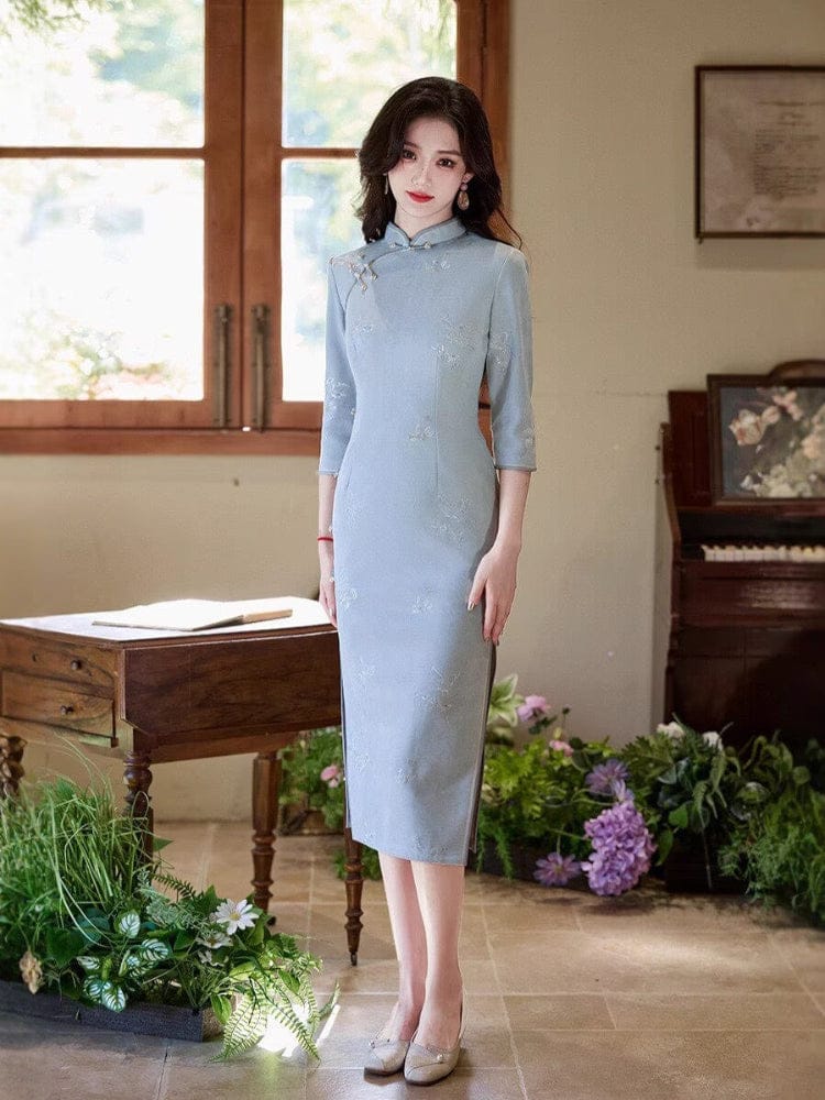 Beth and Brian Qipao-TMX Three quarter sleeves, butterfly daily midi Cheongsam