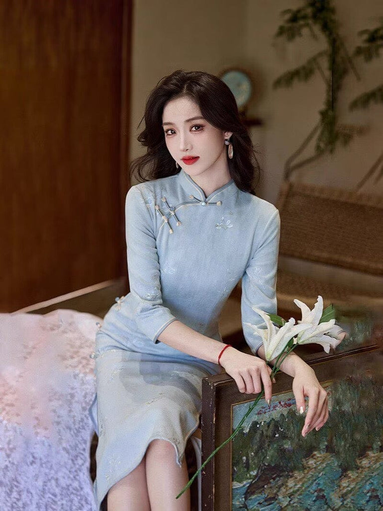 Beth and Brian Qipao-TMX Three quarter sleeves, butterfly daily midi Cheongsam