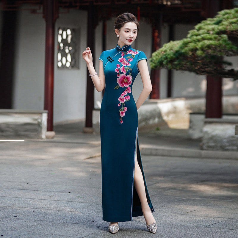 Beth and Brian Qipao-LMO Floral embroidery, plus size, blue long Cheongsam for mother