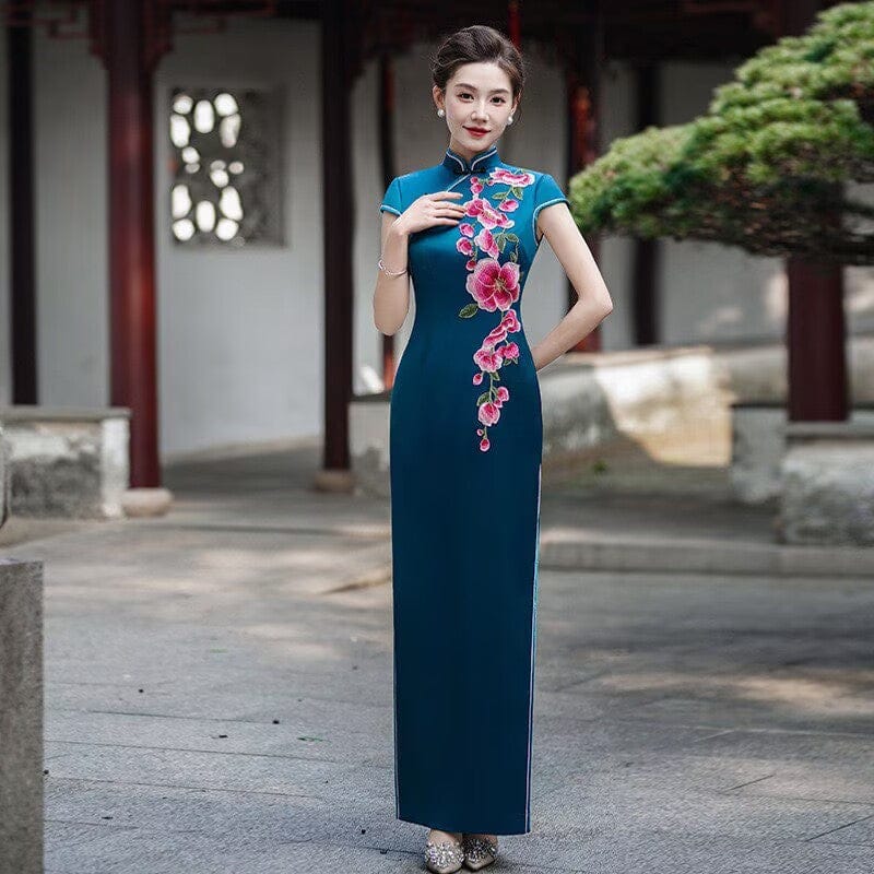 Beth and Brian Qipao-LMO Floral embroidery, plus size, blue long Cheongsam for mother
