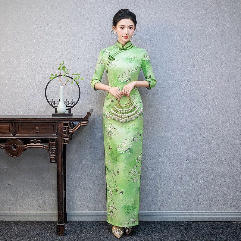 Beth and Brian Qipao-QCYJ Floral pattern, plus size, green long Cheongsam