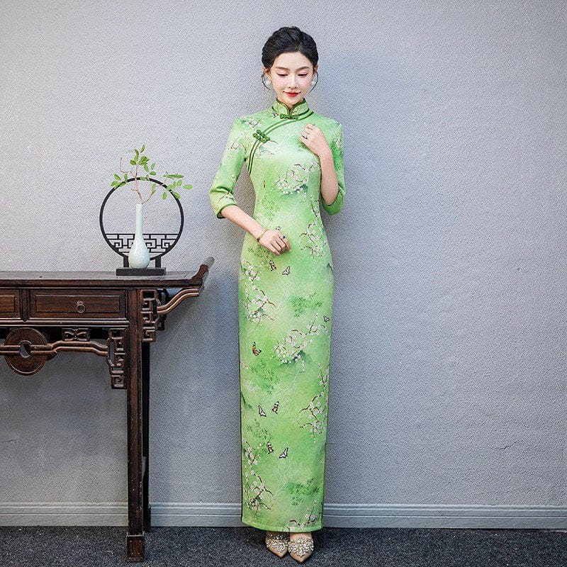 Beth and Brian Qipao-QCYJ Floral pattern, plus size, green long Cheongsam