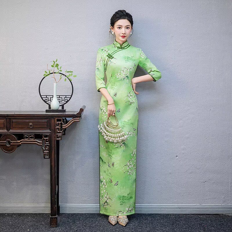Beth and Brian Qipao-QCYJ Floral pattern, plus size, green long Cheongsam