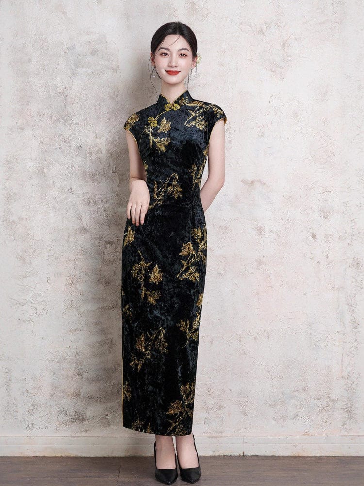 Beth and Brian Qipao-XL Floral pattern, black midi Cheongsam with raglan sleeves