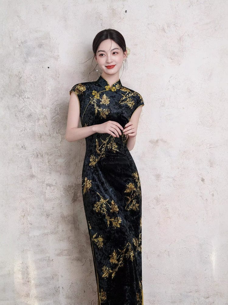 Beth and Brian Qipao-XL Floral pattern, black midi Cheongsam with raglan sleeves