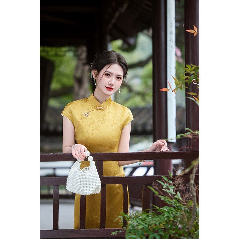 Beth and Brian Qipao-HY Bamboo leaf pattern, jacquard satin long Cheongsam