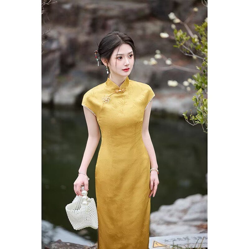Beth and Brian Qipao-HY Bamboo leaf pattern, jacquard satin long Cheongsam