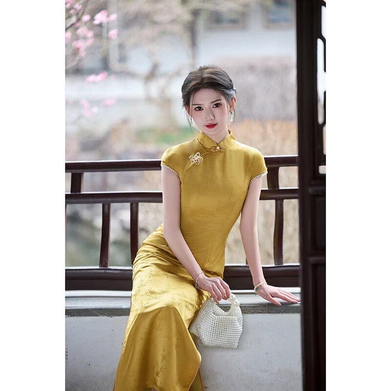 Beth and Brian Qipao-HY Bamboo leaf pattern, jacquard satin long Cheongsam