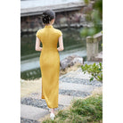 Beth and Brian Qipao-HY Bamboo leaf pattern, jacquard satin long Cheongsam