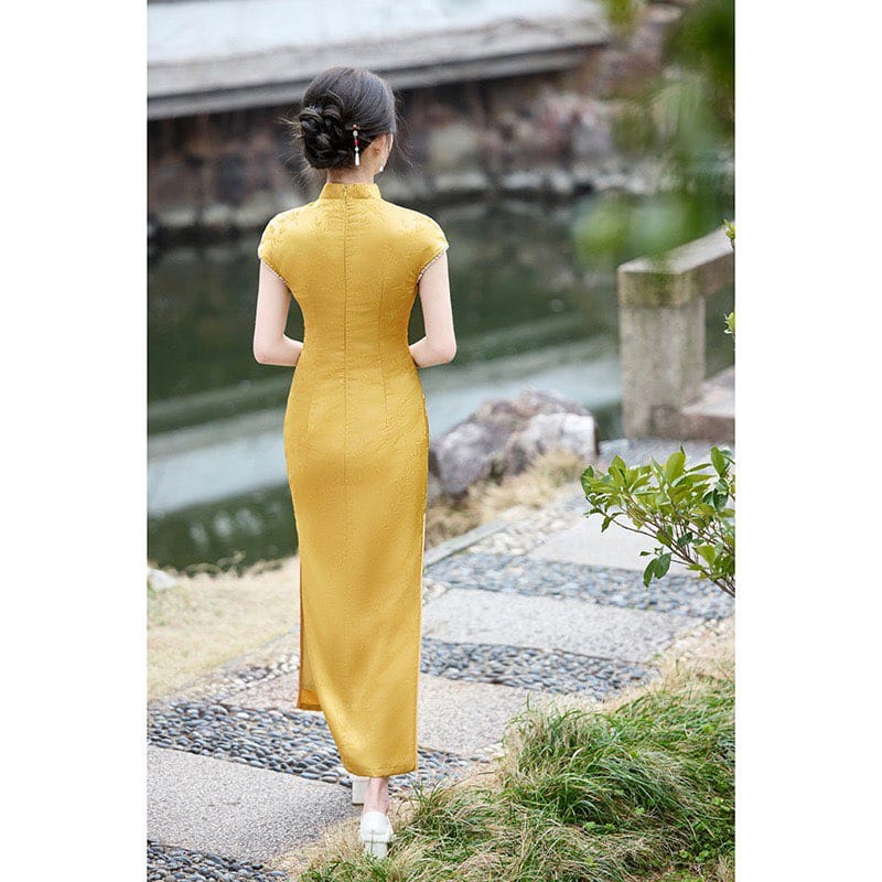 Beth and Brian Qipao-HY Bamboo leaf pattern, jacquard satin long Cheongsam