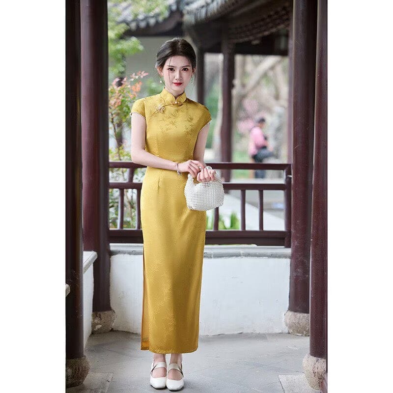Beth and Brian Qipao-HY Bamboo leaf pattern, jacquard satin long Cheongsam