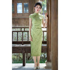 Beth and Brian Qipao-HY Bamboo leaf pattern, jacquard satin, green midi Cheongsam