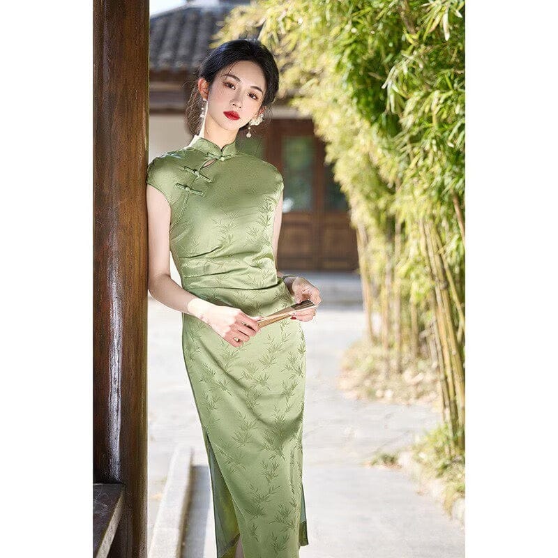Beth and Brian Qipao-HY Bamboo leaf pattern, jacquard satin, green midi Cheongsam