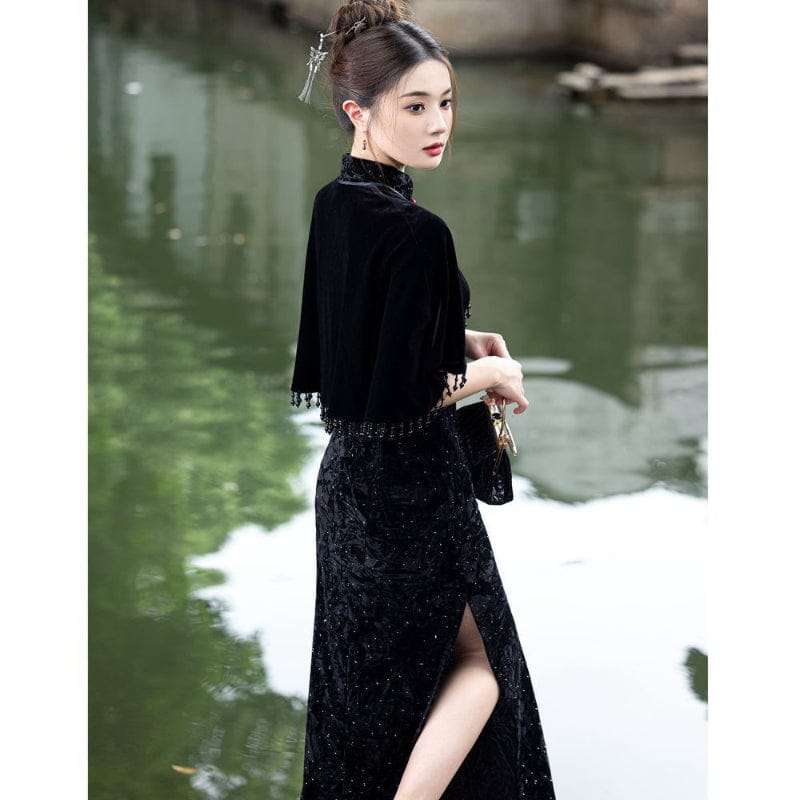 Beth and Brian Qipao-YS Fall and winter collection, Velvet fabric, balck long Cheongsam set