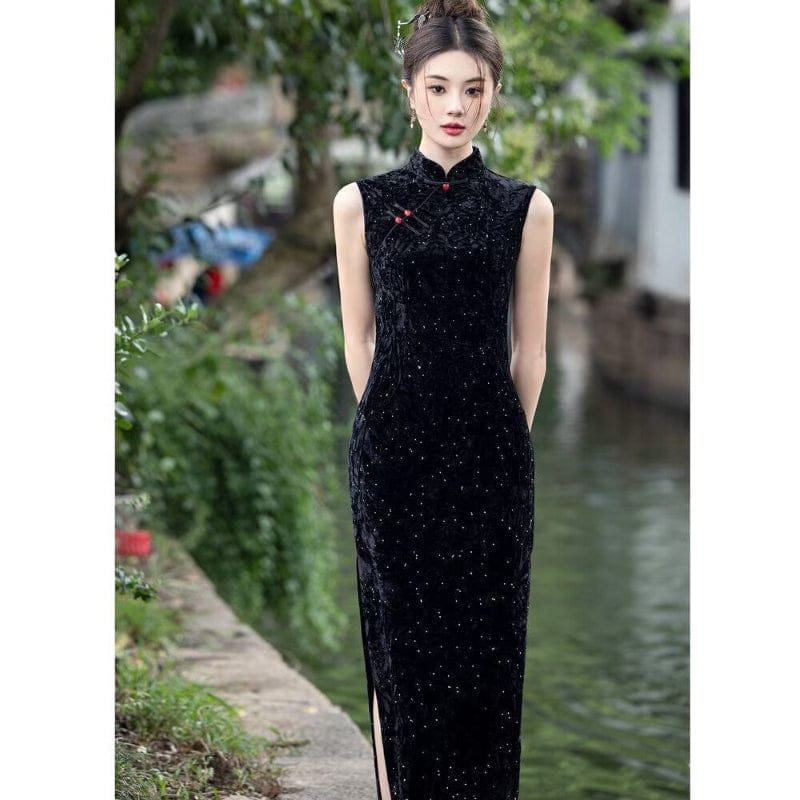 Beth and Brian Qipao-YS Fall and winter collection, Velvet fabric, balck long Cheongsam set