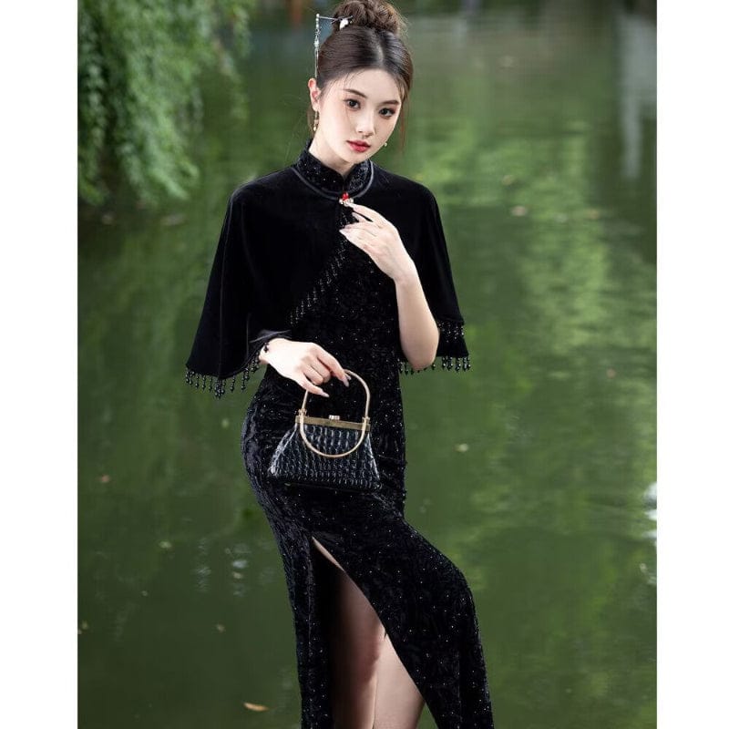 Beth and Brian Qipao-YS Fall and winter collection, Velvet fabric, balck long Cheongsam set