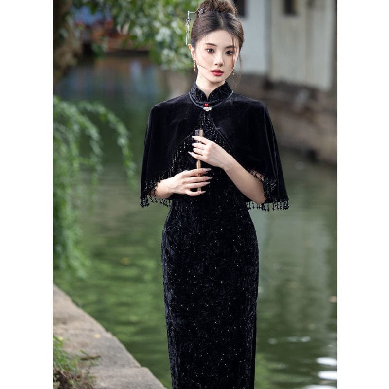 Beth and Brian Qipao-YS Fall and winter collection, Velvet fabric, balck long Cheongsam set