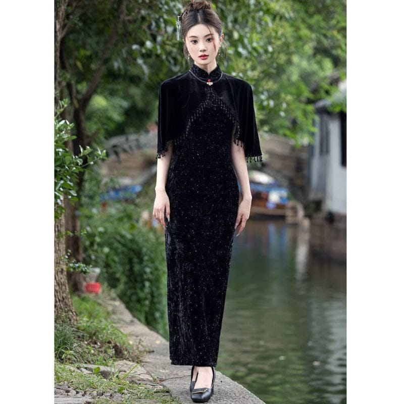 Beth and Brian Qipao-YS Fall and winter collection, Velvet fabric, balck long Cheongsam set