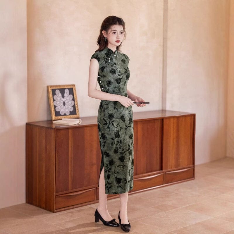 Beth and Brian Qipao-MYJ Rose pattern, Tie-dye, dark green long Cheongsam
