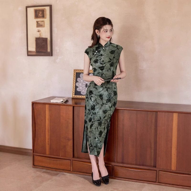 Beth and Brian Qipao-MYJ Rose pattern, Tie-dye, dark green long Cheongsam