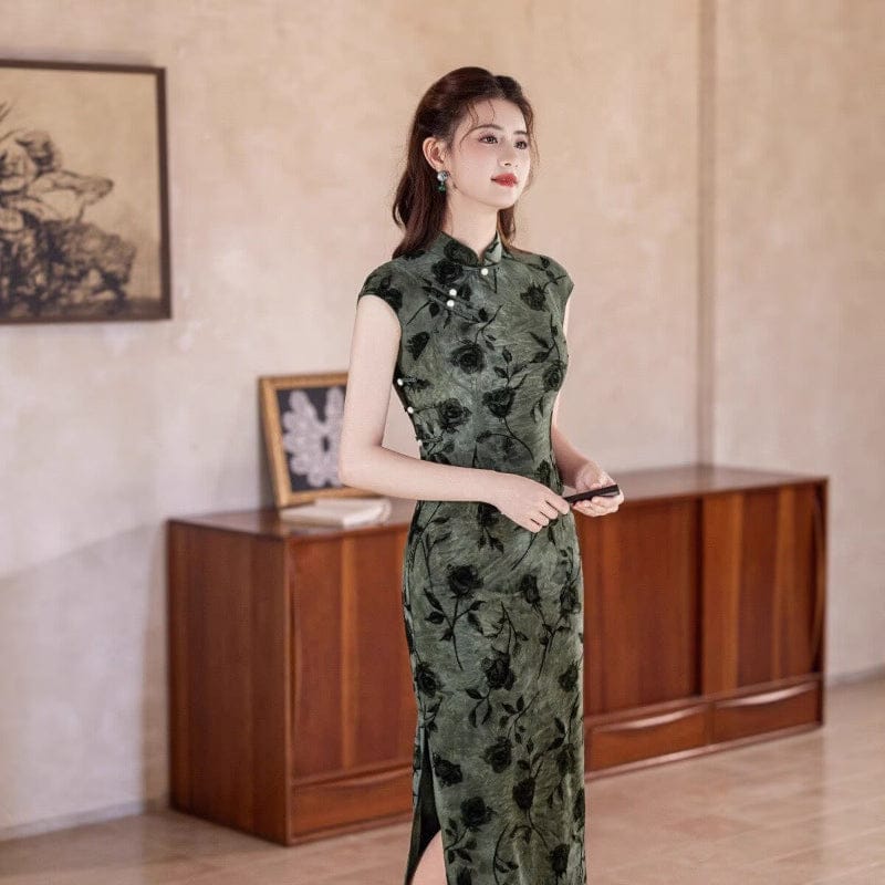 Beth and Brian Qipao-MYJ Rose pattern, Tie-dye, dark green long Cheongsam