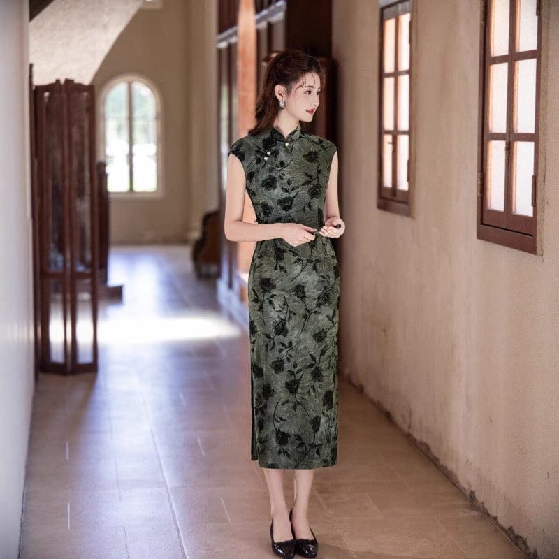Beth and Brian Qipao-MYJ Rose pattern, Tie-dye, dark green long Cheongsam