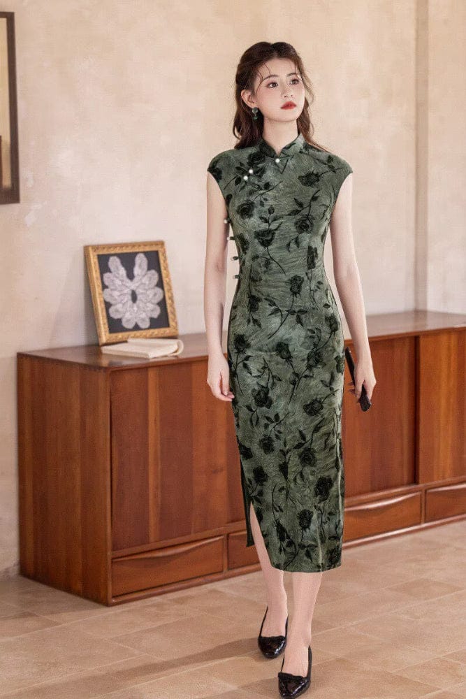 Beth and Brian Qipao-MYJ Rose pattern, Tie-dye, dark green long Cheongsam