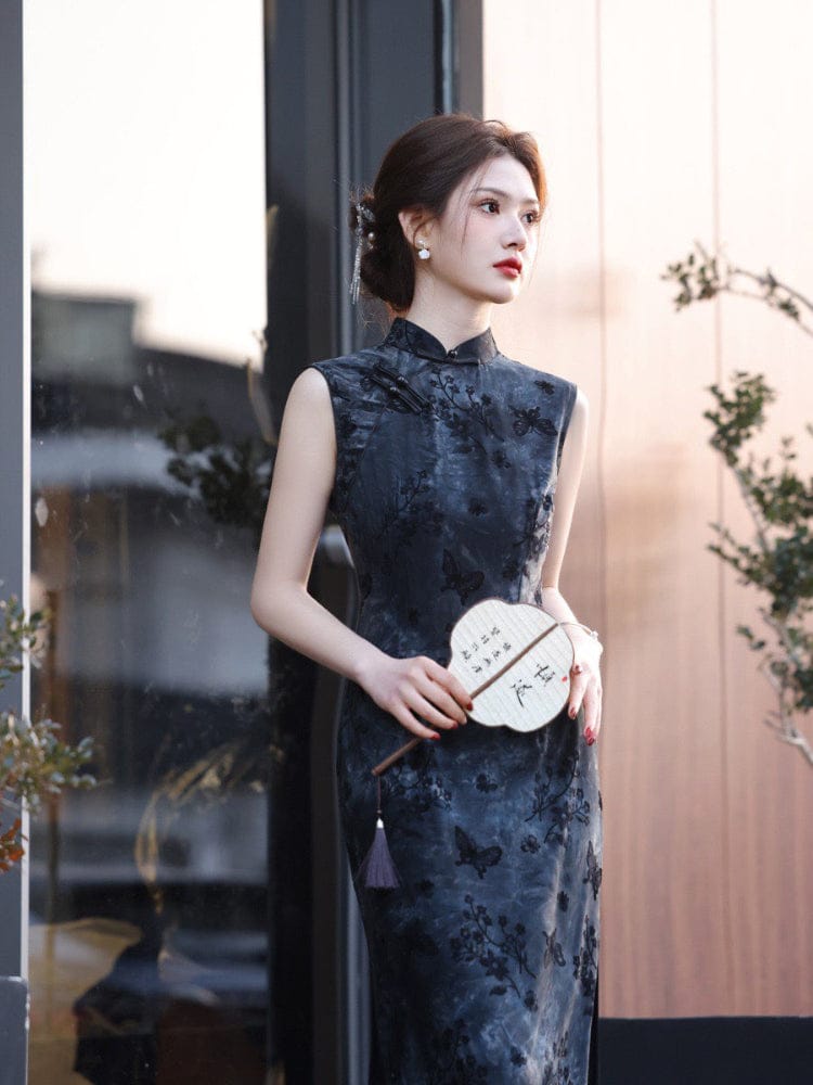 Beth and Brian Qipao-MYJ Flocking fabric, floral and butterfly pattern, black midi Cheongsam