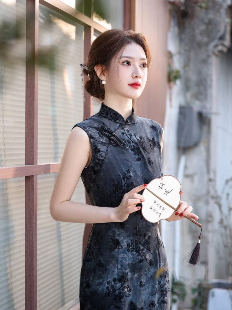 Beth and Brian Qipao-MYJ Flocking fabric, floral and butterfly pattern, black midi Cheongsam