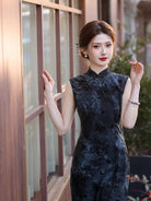 Beth and Brian Qipao-MYJ Flocking fabric, floral and butterfly pattern, black midi Cheongsam