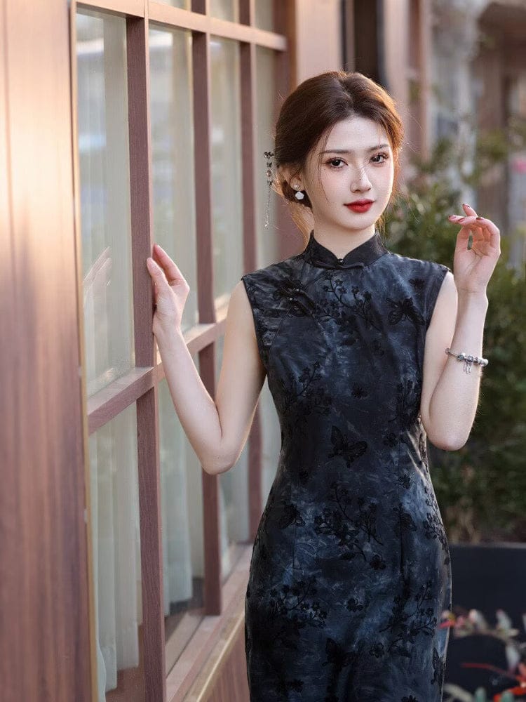 Beth and Brian Qipao-MYJ Flocking fabric, floral and butterfly pattern, black midi Cheongsam