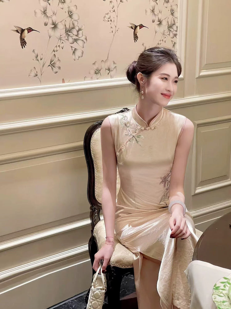 Beth and Brian Qipao-LQ Sleeveless, New Chinese style(新中式), pink long Cheongsam